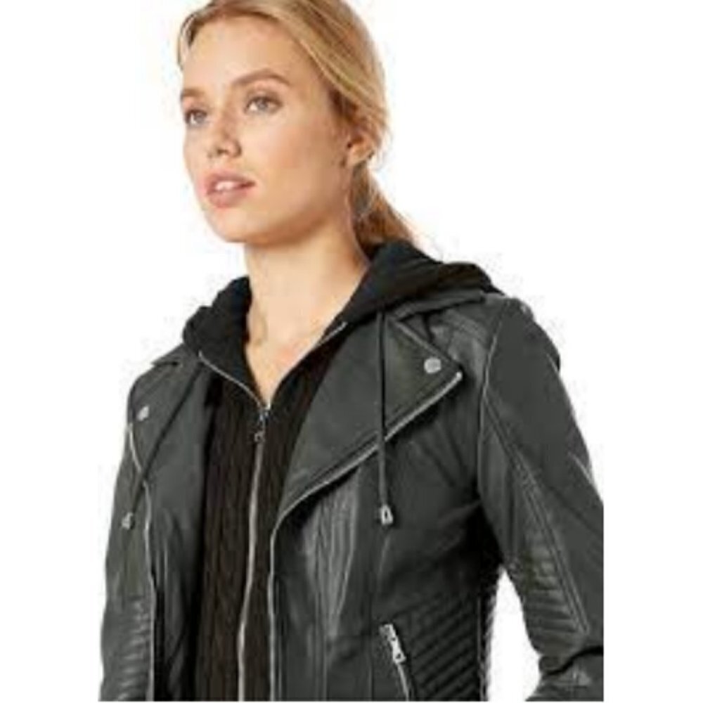 💕GUESS💕 Faux Leather Hooded Moto Jacket Zip Front Scuba ~ Hunter Green XL NWT